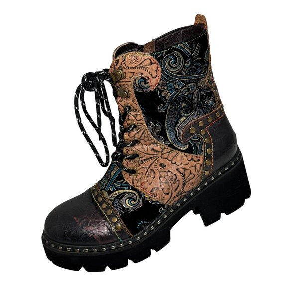 L'Artiste by Spring Step Severe Charm Lace-Up Patchwork Boots size 38 - Picture 1 of 9